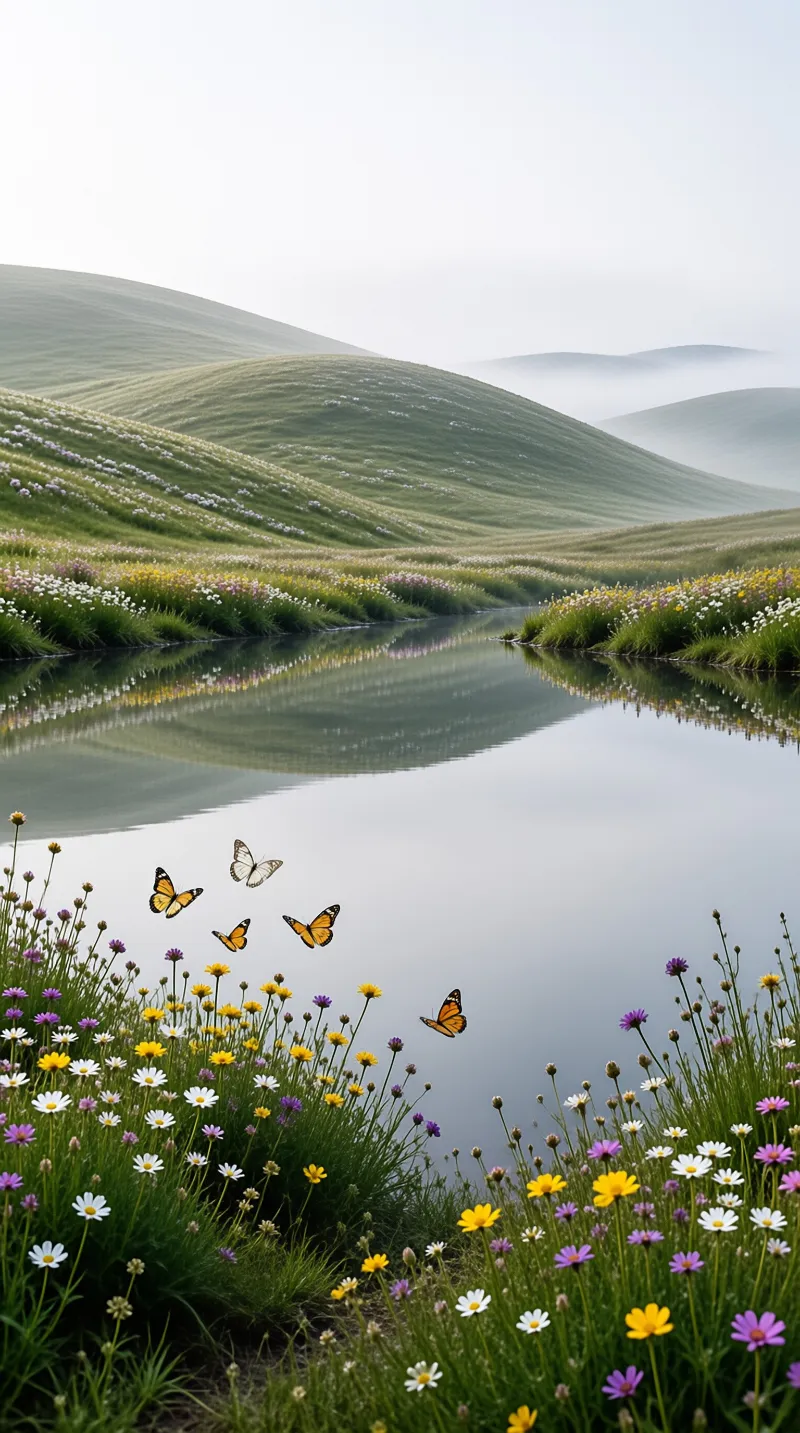 Orange butterflies fly above a calm river surrounded by wildflowers and misty hills.