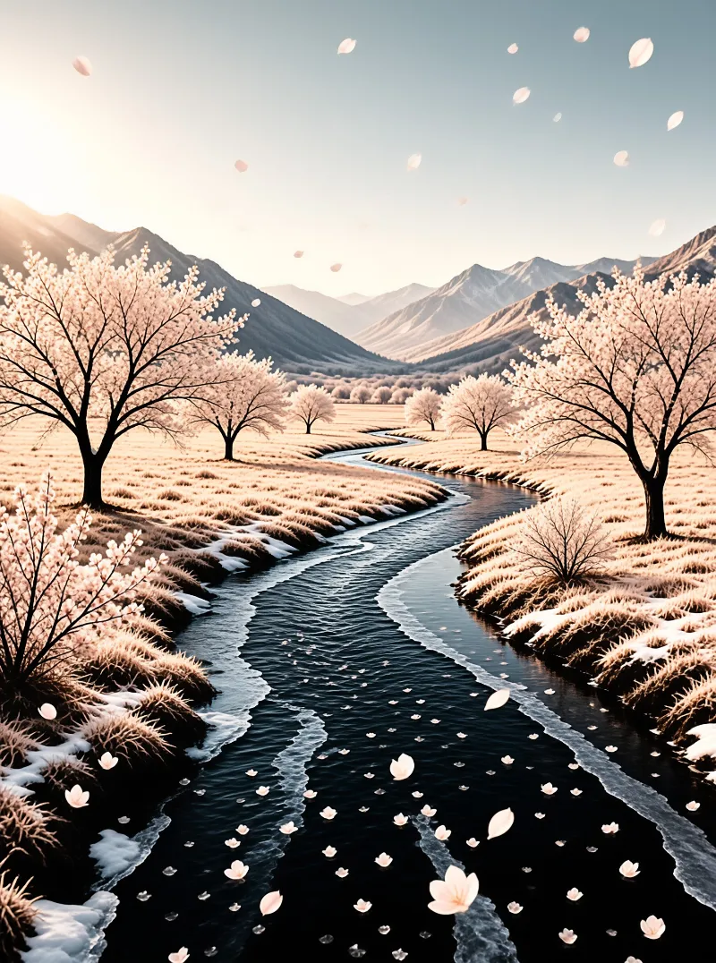 A winding stream reflects sunlight while petals drift across dark water surface surrounded by frosted grass and mountains.