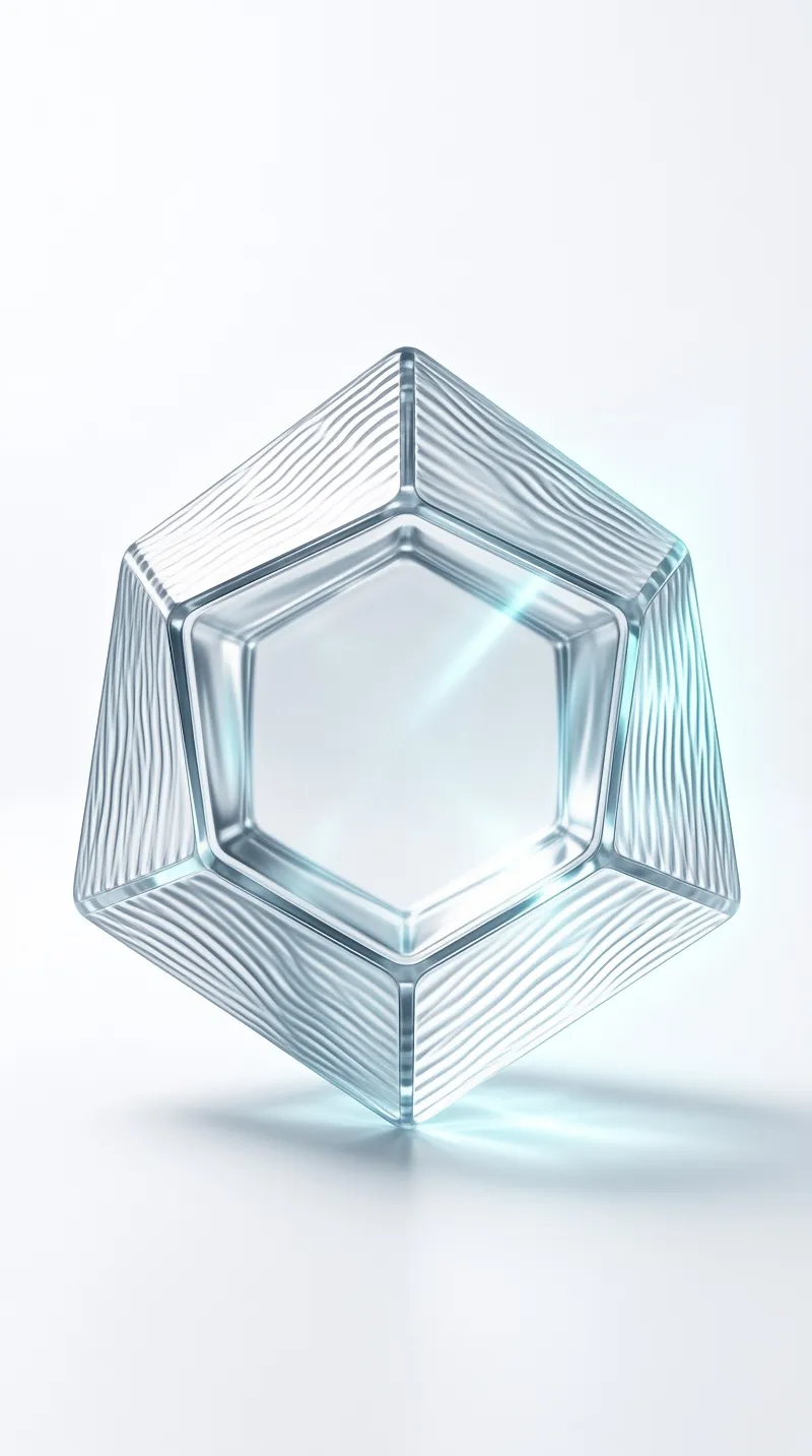 A clear faceted solid with fine ridged panels tilts on one corner against a bright seamless backdrop.