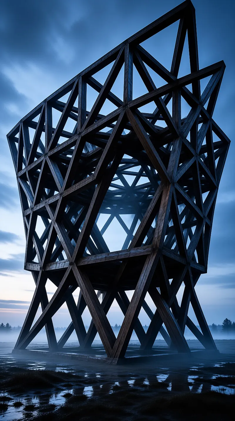 A large angular wooden framework rises from a misty wetland under a cool twilight sky.