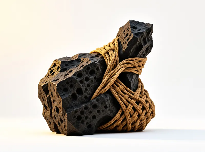Several dark porous stones are secured with yellow rope against a plain white background, creating a minimalist composition.