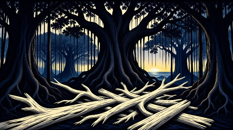 Pale driftwood lies on the dark forest floor while hanging vines frame a bright horizon of water and sky.
