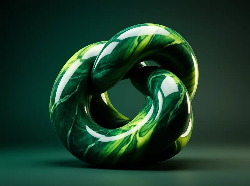 A glossy green torus knot sculpture with marbled veins sits against a dark blurred background with strong reflections.