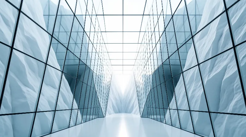 A grid of dark glazed panels converges down a bright hall whose sides are lined with pale draped forms resembling ice