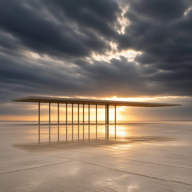 Minimalist roof supported by thin columns reflects on the water beneath stormy clouds at dusk.