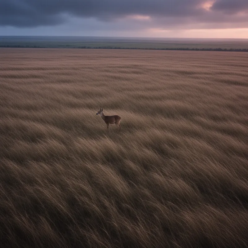 A lone gazelle stands amidst tall brown grass as dark clouds gather on the horizon.