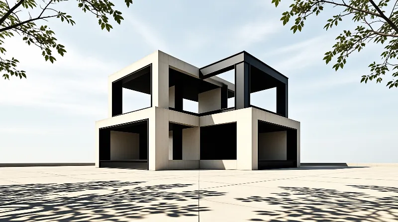 A minimalist white and black structure of stacked geometric frames stands on a paved surface under a clear sky.