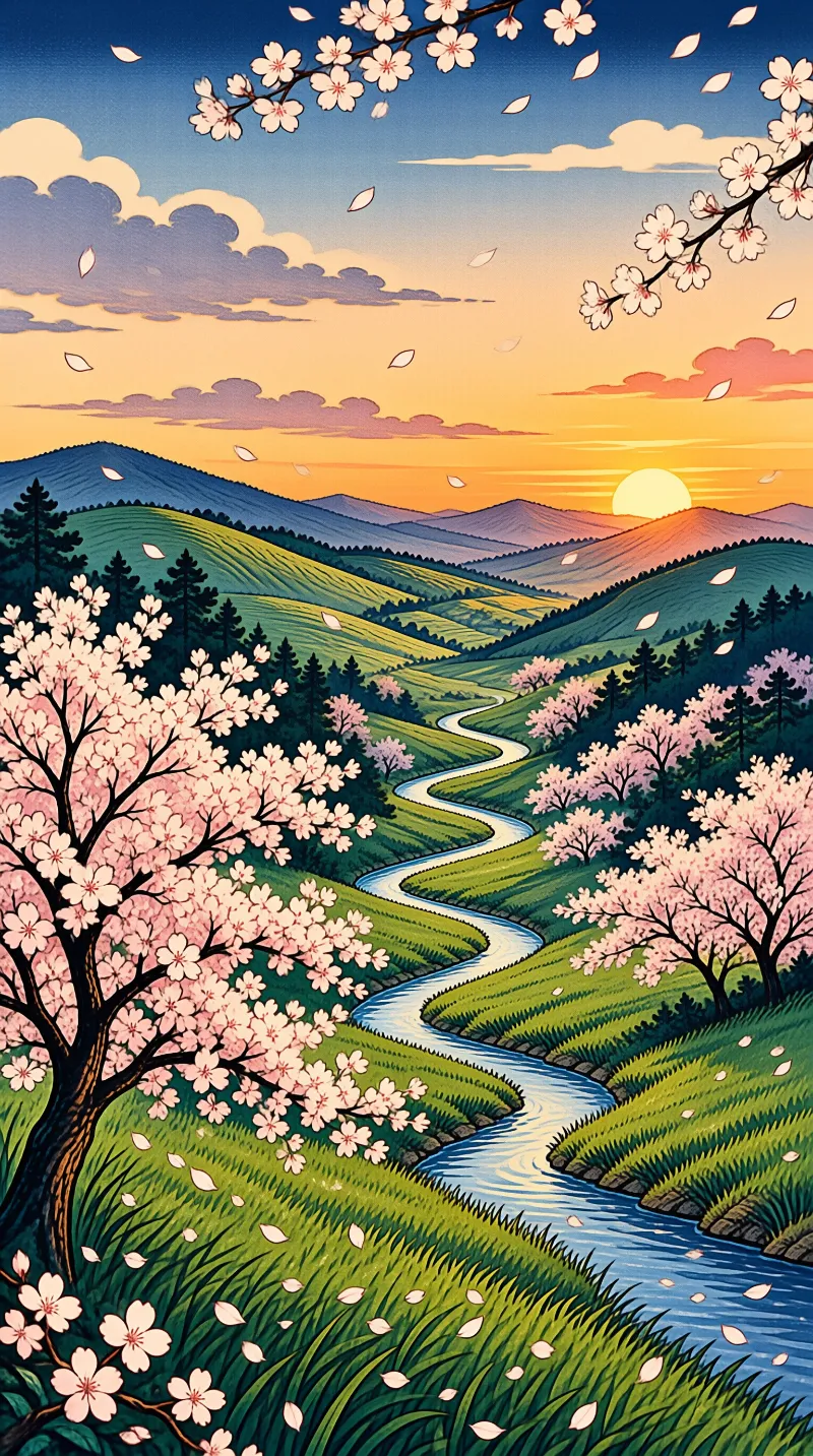 A serene landscape features a meandering river cutting through lush green valleys dotted with blooming cherry trees under a vibrant sunset sky.