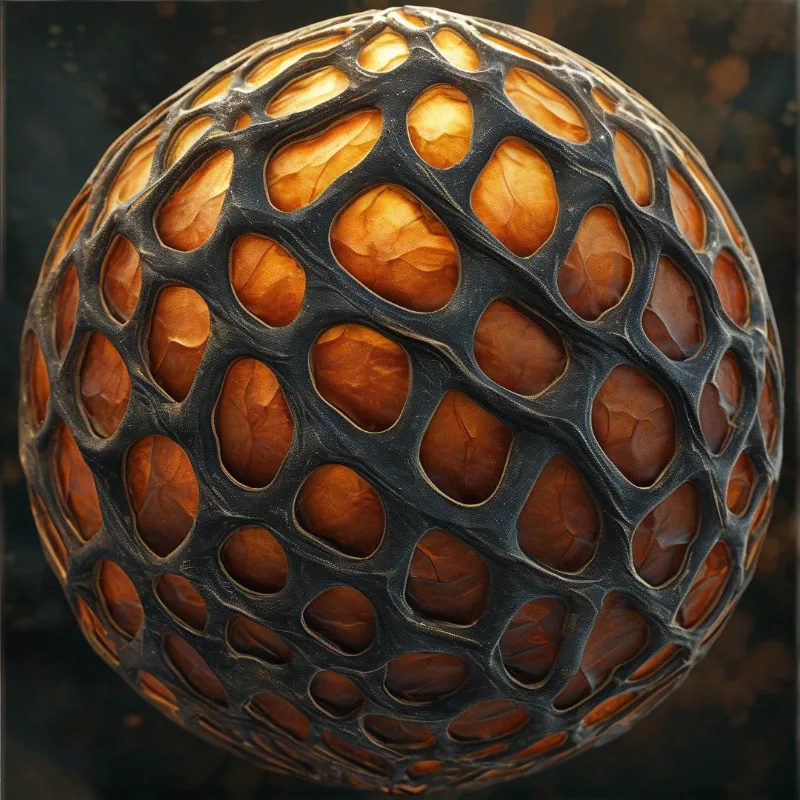 A textured sphere with dark porous lattice reveals warm amber cells under soft lighting