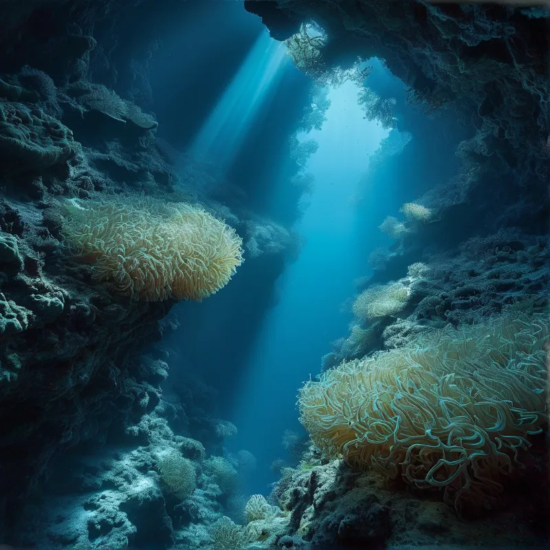 Pale sea anemones cling to dark rock walls while a bright beam of sunlight cuts through the deep blue water.