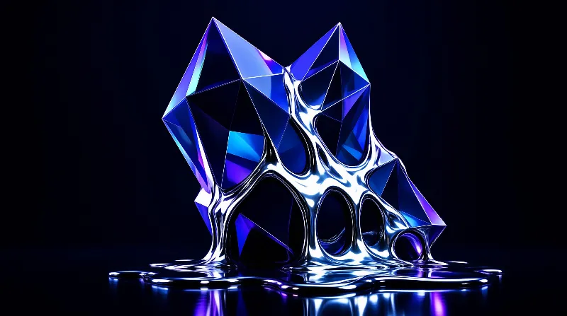 Geometric blue crystal shape melting into a pool of chrome liquid against a black background.