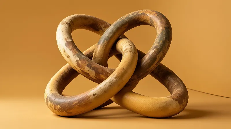 Three weathered wooden loops interlock in a chain on a warm mustard coloured studio floor