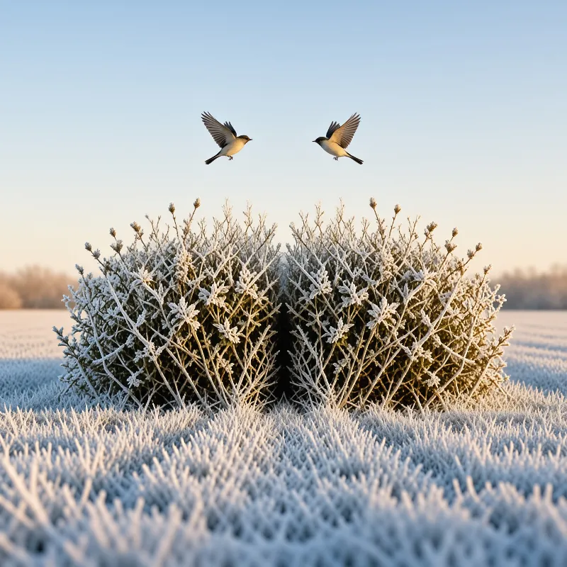 Two small birds fly above a symmetrical pair of frost-covered shrubs standing in a snowfield under soft pale dawn light.