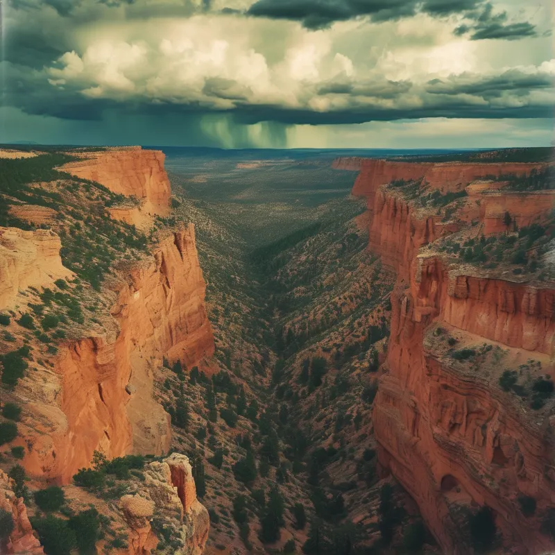A wide view down into a rust colored canyon dotted with pines on its slopes under thick cloud cover dropping distant rain.