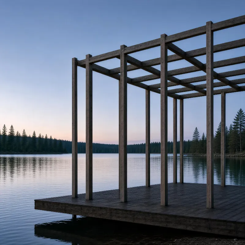 A wooden pergola structure on a dock over calm lake water, with forested hills in the background under a soft blue hour sky.