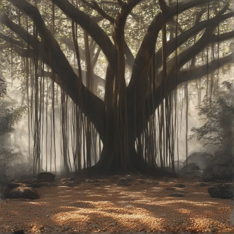 A vast banyan tree spreads thick branches and hanging aerial roots across a misty jungle floor dappled with warm light