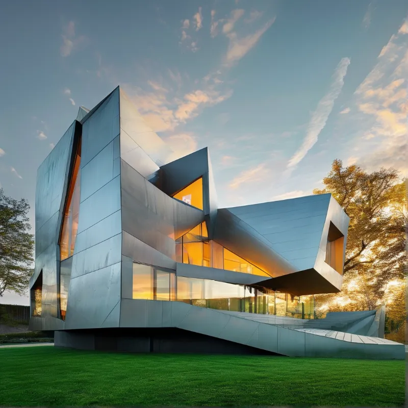 Angular deconstructivist building clad in silver metal panels, warm light glowing through glass windows onto a green lawn