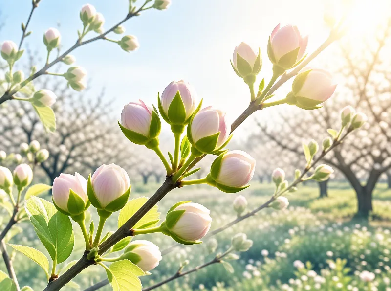 Pale pink flower buds cluster on a branch with fresh green leaves bathed in bright sunlight within a blurred orchard.