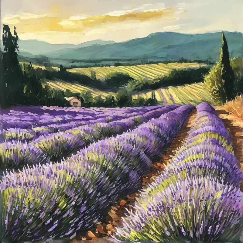 Painted purple lavender rows lead the eye towards golden fields and green mountains beneath a warm glowing sky.