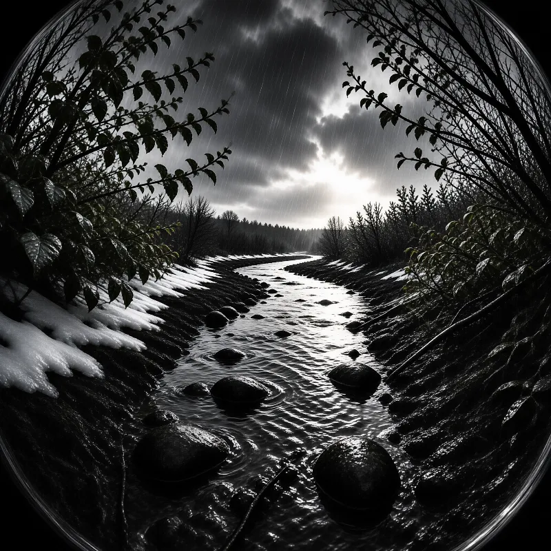 Monochromatic circular view of a rocky river flowing between melting snow banks while rain falls from a stormy sky.