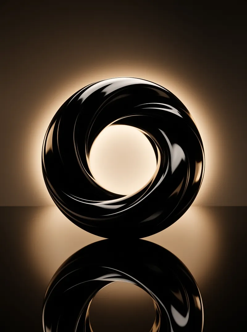 A sleek black ring rests on a reflective surface with a glowing golden light visible through its center and behind it.
