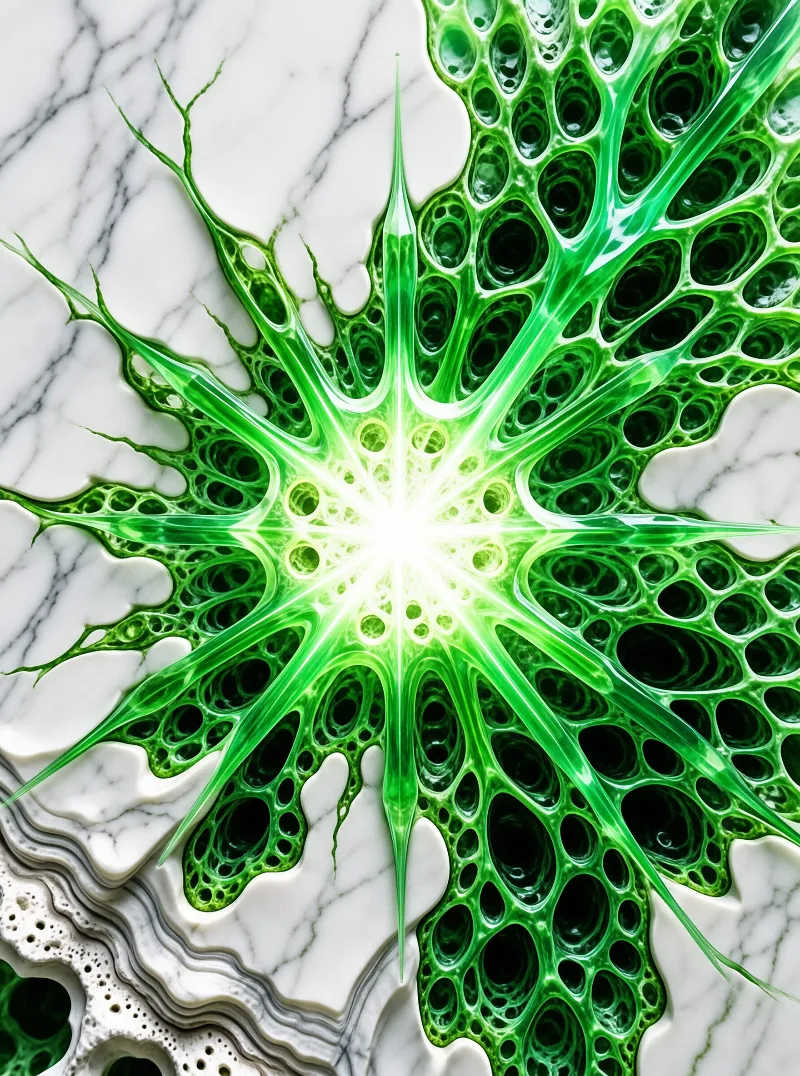 A glowing green porous shape spreads across a white marble background with bright light in the center.