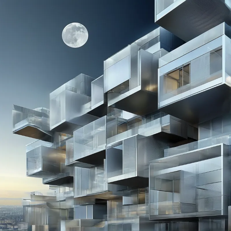 Angular stacked glass residential units stand against a dusky blue sky as a bright full moon hangs above, with warm interior lights glowing from the rooms.