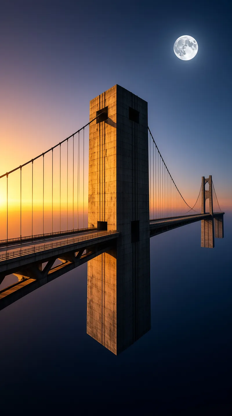 A massive suspension bridge tower catches the last sunset light while a bright moon climbs into deep blue sky.