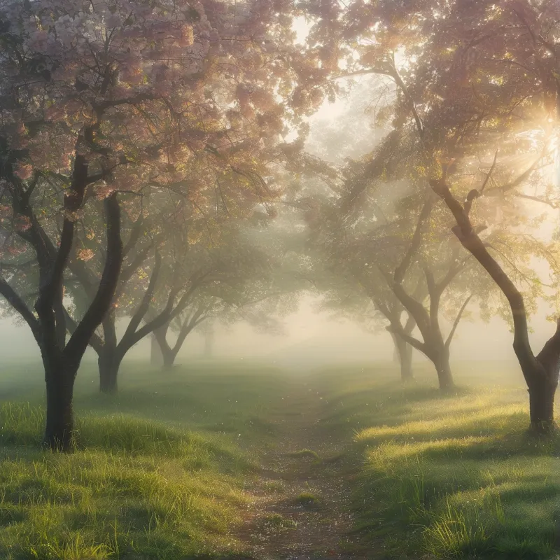 A winding grassy trail cuts through a foggy stand of flowering trees bathed in warm hazy golden sunrise light