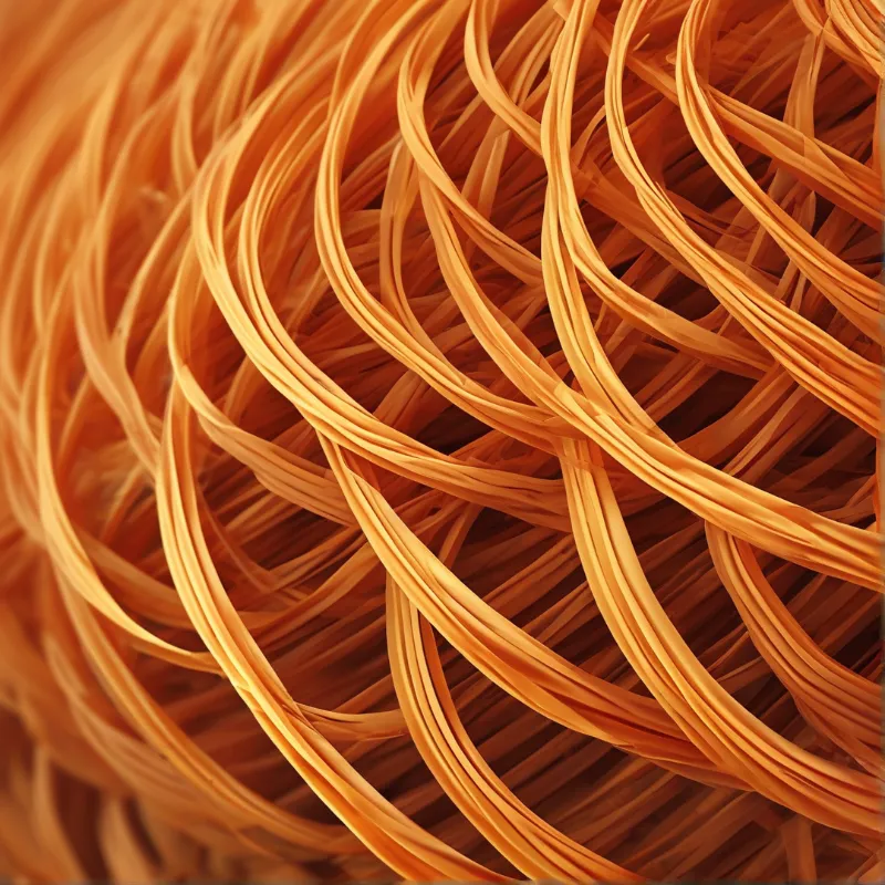 A tight view of interlocking warm orange rattan strips with nearer strips sharply defined and the background weave softly blurred.