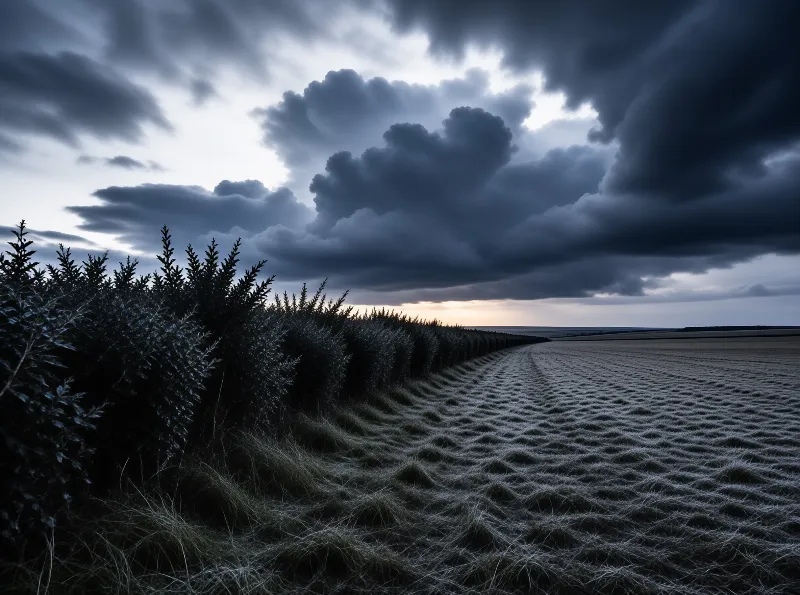A dark hedge curves along a stubbled field beneath heavy indigo storm clouds, with a sliver of sunset light at the horizon.