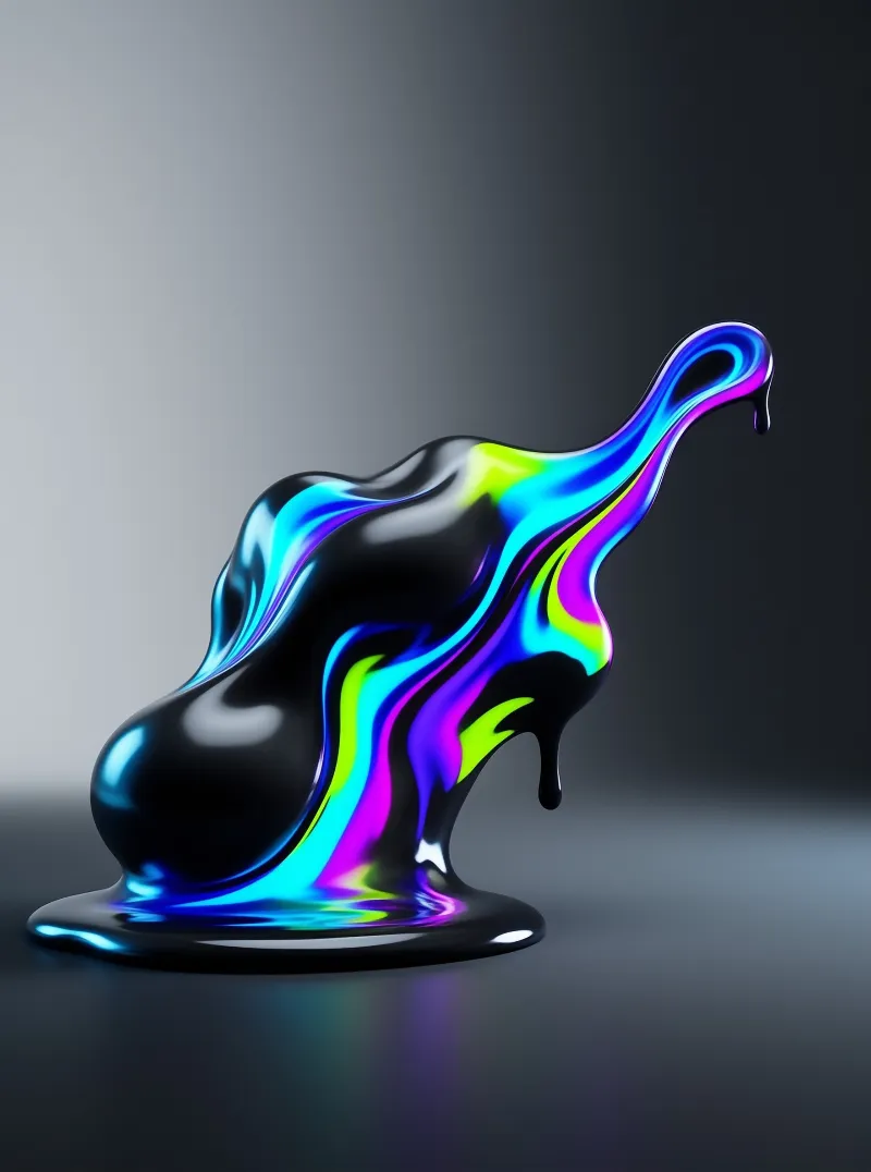 A molten obsidian form drips across a grey studio floor streaked with electric blue and magenta