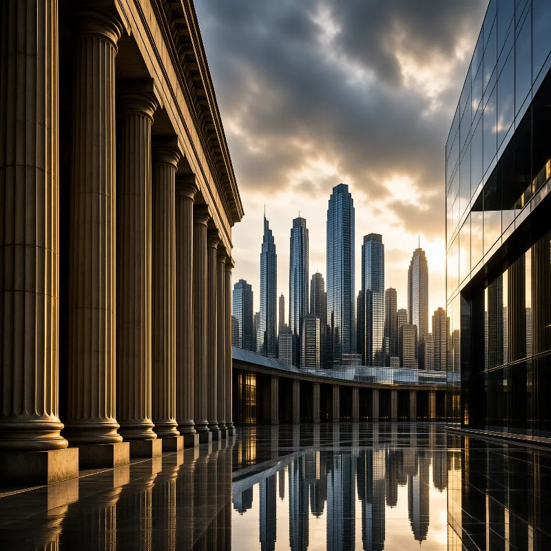 Classical columns and a glass wall frame a city skyline reflected in wet pavement beneath a dramatic sunset sky.