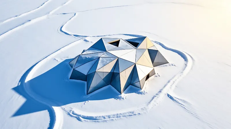 A geometric dome with blue and gold panels sits on white snow drifts under bright sun.
