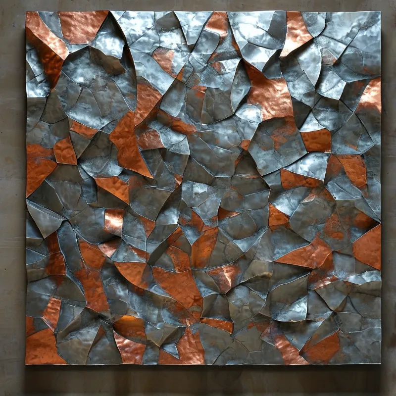 A square wall-mounted piece made of irregular silver and rusted copper metal fragments forms a jagged abstract geometric composition