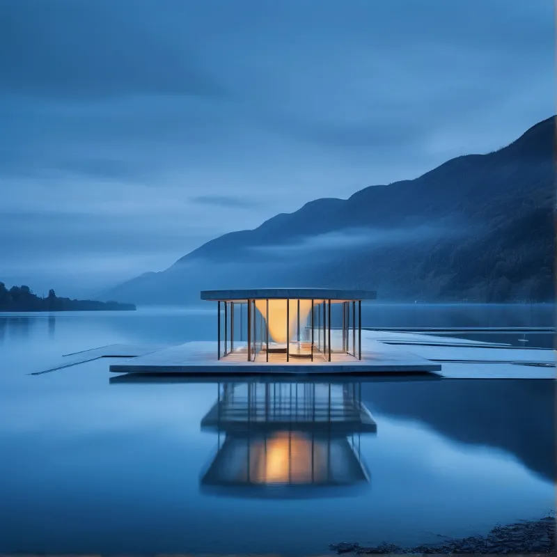 Modern glass pavilion on a lake platform reflects warm light against misty mountains during twilight.