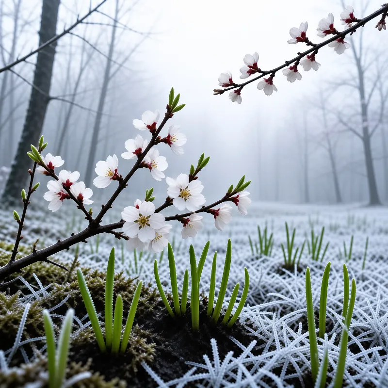 White blossoms grow on a branch above green grass shoots covered in heavy frost within a foggy woodland.