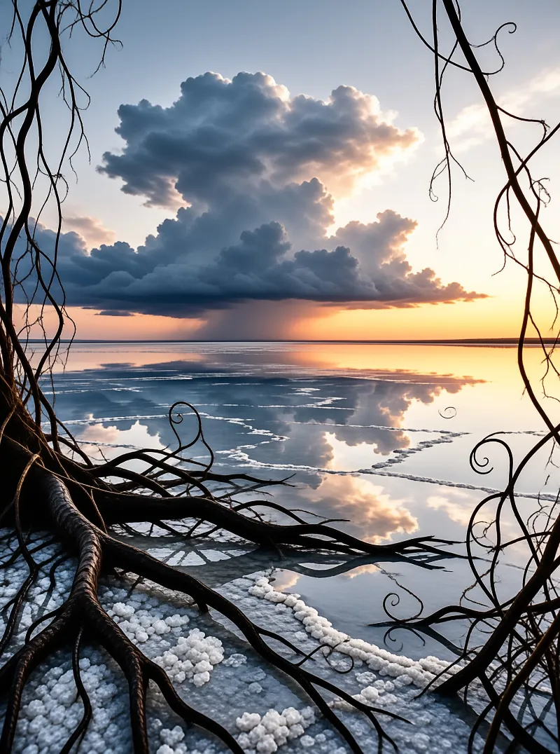 A vast reflective salt flat mirrors dramatic sunset clouds while dark twisted roots frame the foreground view.