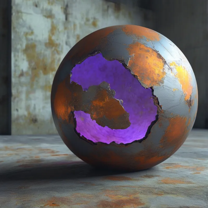 A weathered rusted metal sphere is split open to reveal a glowing amethyst purple hollow resting on a corroded surface