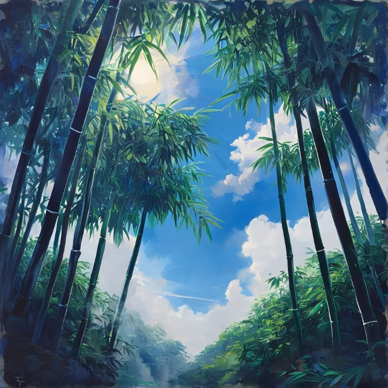 Tall green bamboo stalks frame a bright blue sky with white clouds and dappled sunlight