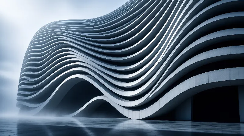 Undulating horizontal bands of a sculpted white building ripple across the frame above a polished misty floor.