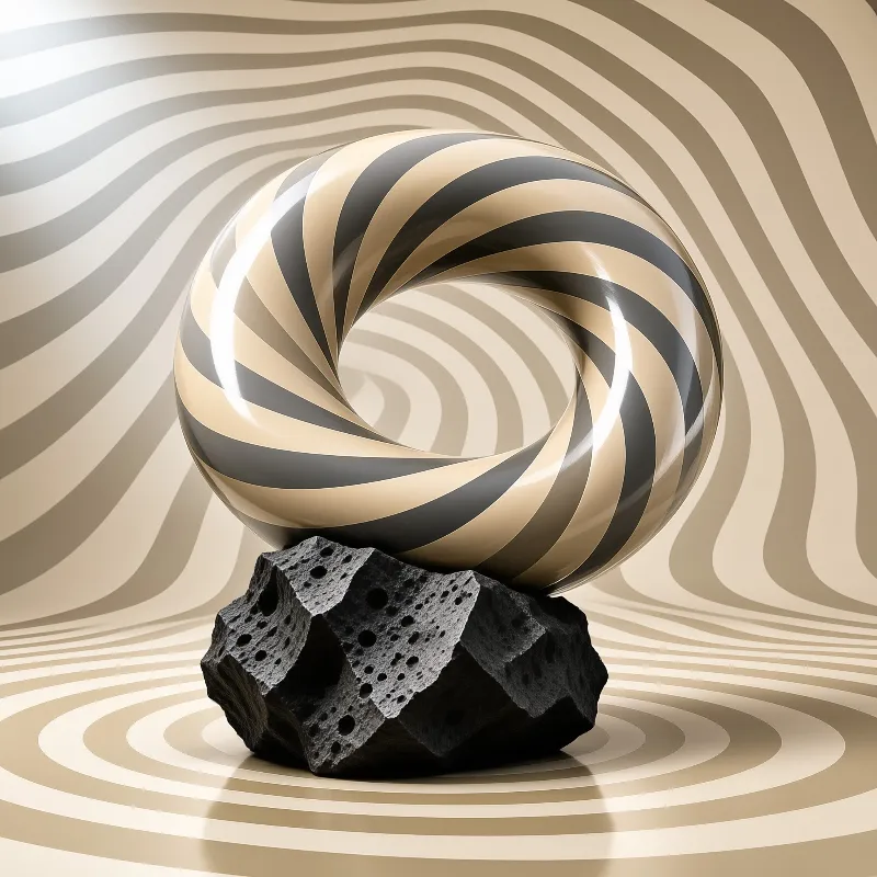 Glossy twisted sphere with beige and grey stripes rests on porous black rock within wavy abstract surroundings.