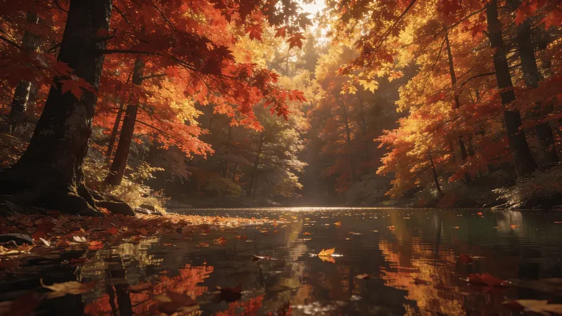 Red Maple Canopy Over a Calm Lake