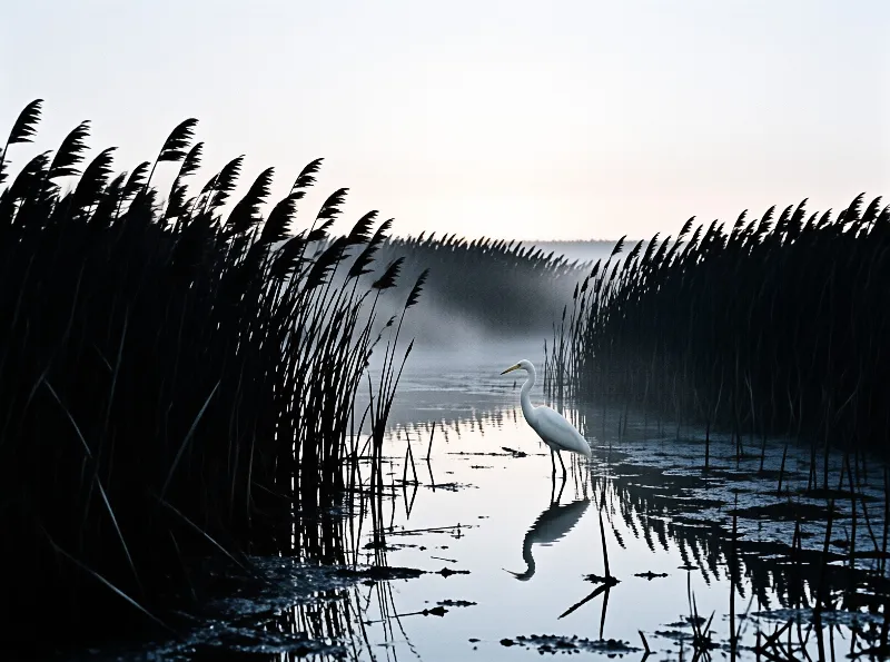 A solitary white egret stands in shallow water flanked by tall dark reeds under a foggy sky.