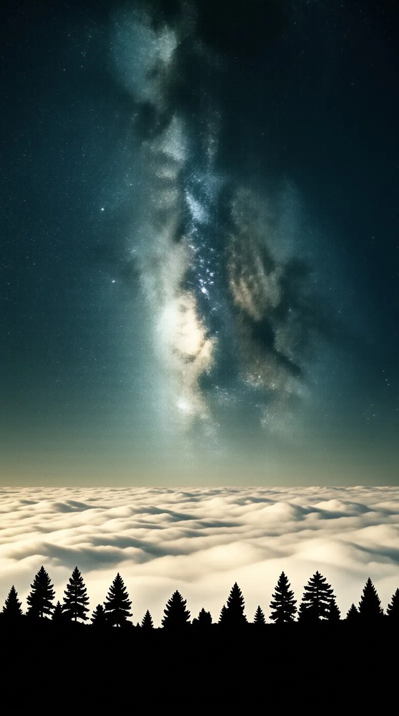 The Milky Way arches vertically across a dark sky above white clouds and dark pine tree silhouettes.