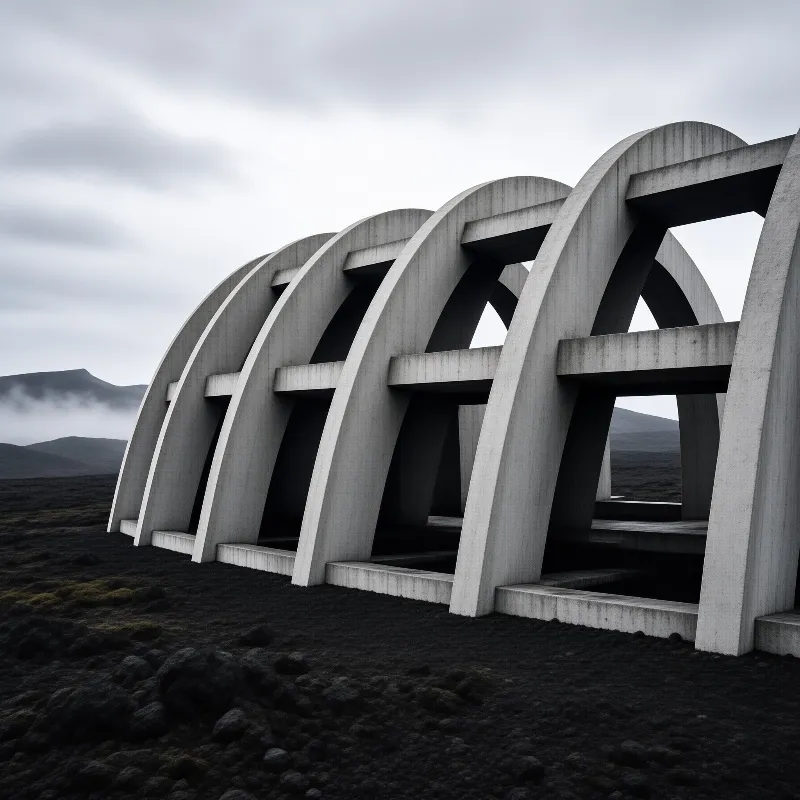 A series of pale concrete arches stands upon dark volcanic rock with cloudy mountains behind.