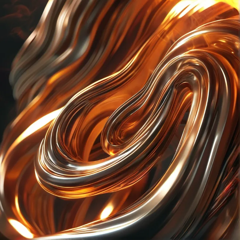 Reflective copper ribbons swirl through a dark void, catching bright highlights along their smooth, metallic curves.