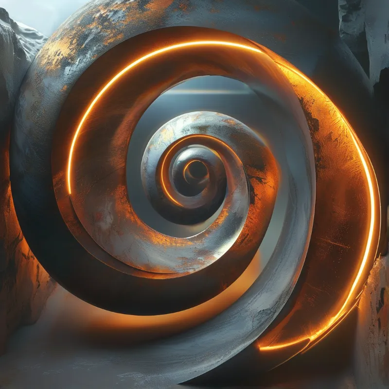 A vast curved metal tunnel features a continuous glowing orange light strip running along its interior edge.