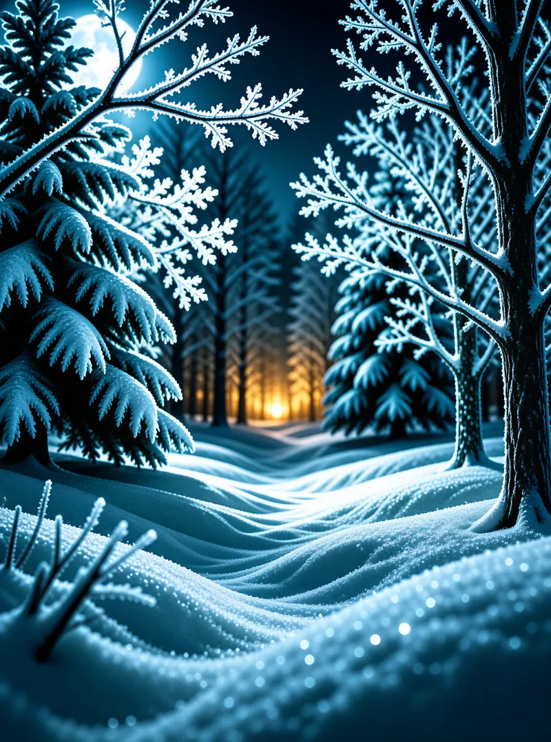 A moonlit winter forest of snow covered pines rolls toward a warm golden light glowing between distant trees.