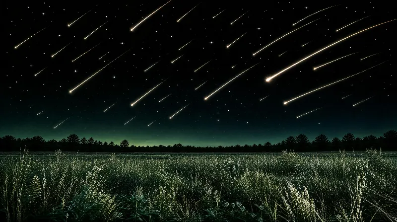 A grassy field under a night sky filled with stars and streaking meteor trails, with trees on the horizon and a soft glow on the grass.